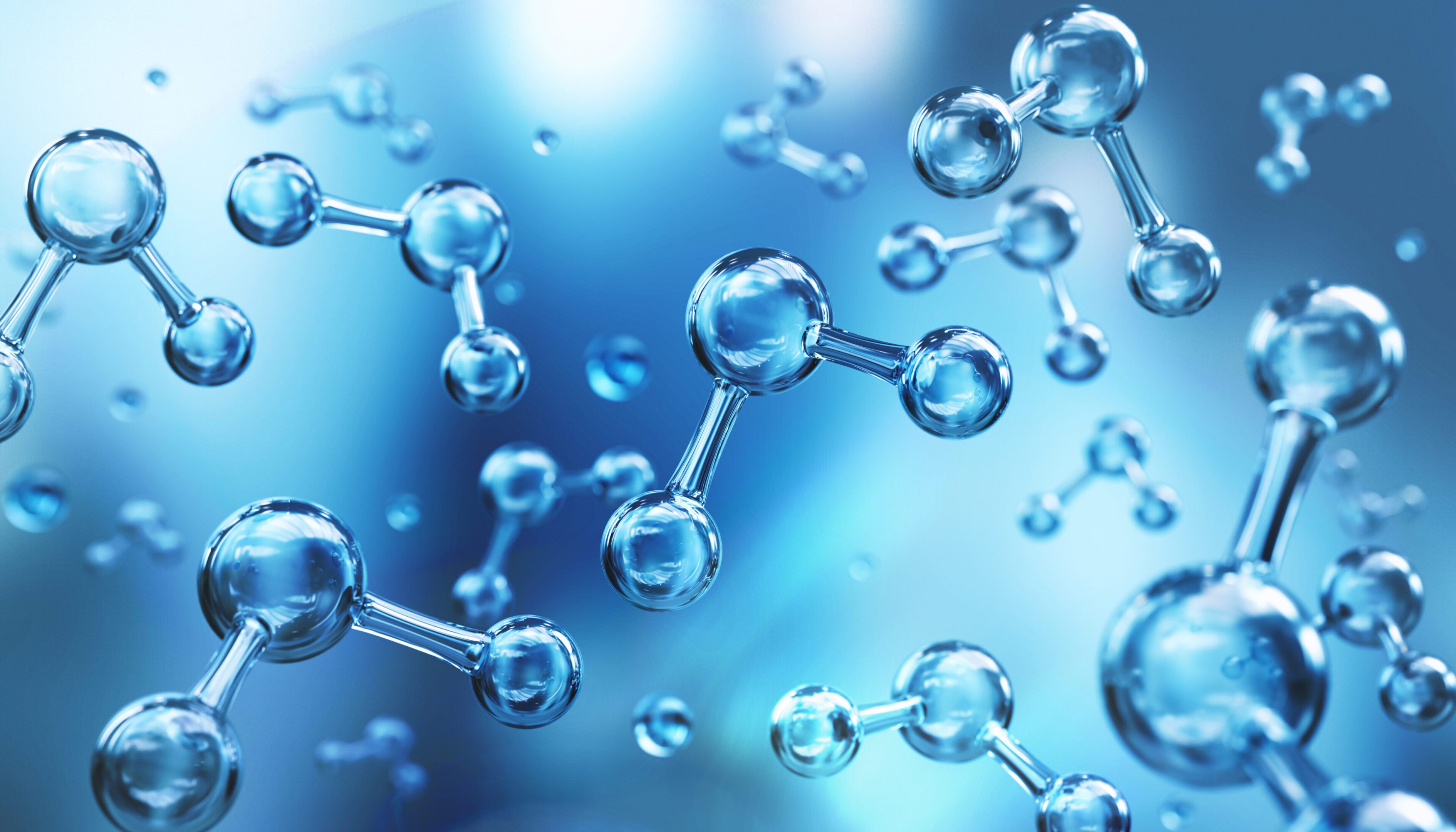 3D rendering of molecular structures connected by bonds in a blue environment.