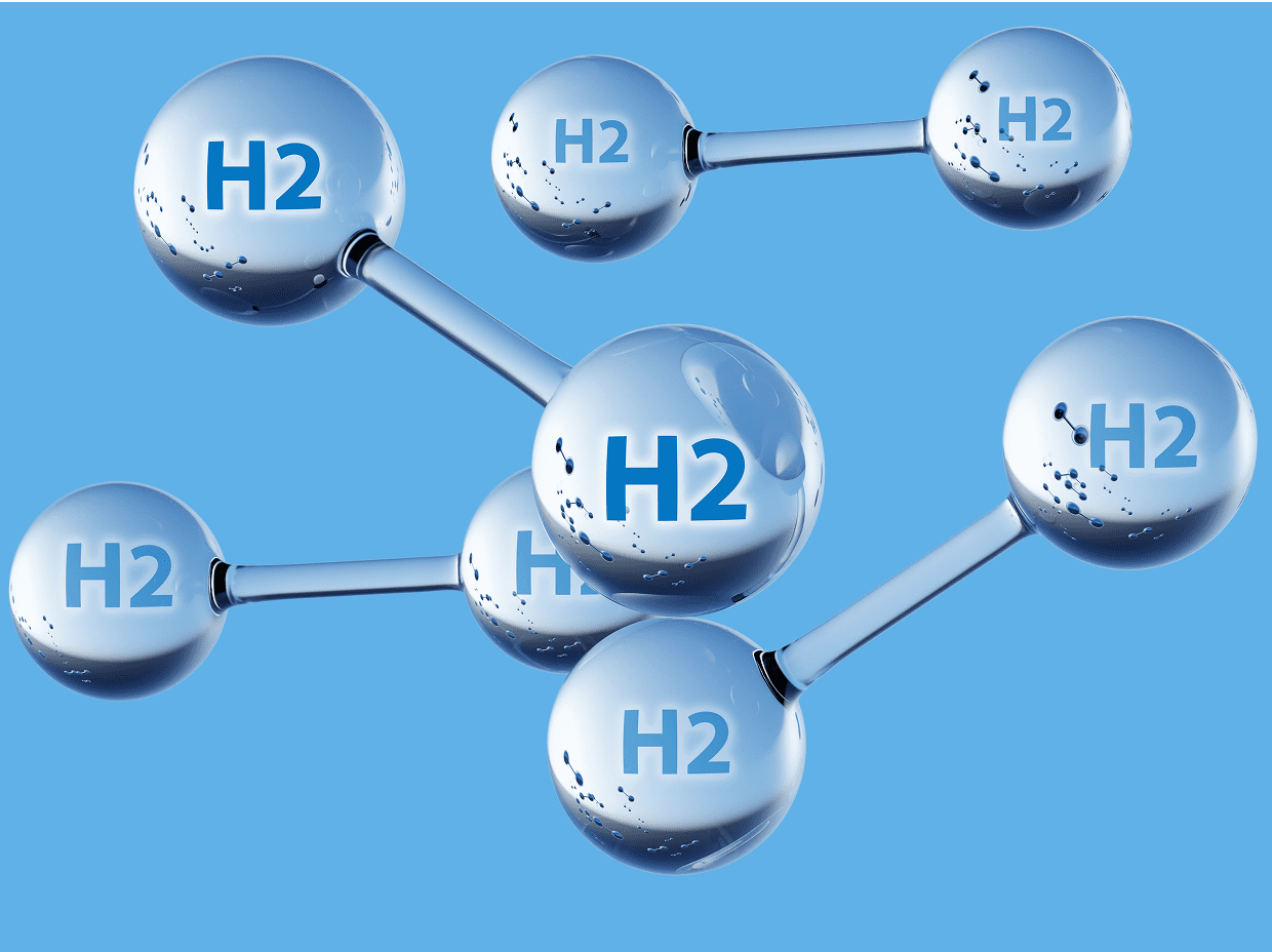 Hydrogen molecules illustrated on blue background.