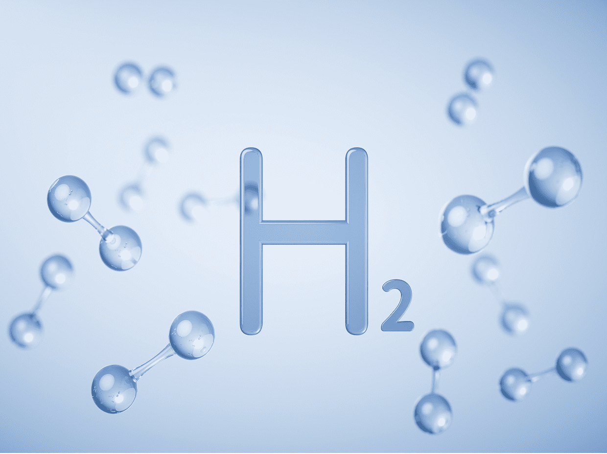 H2 molecules floating on light blue background.