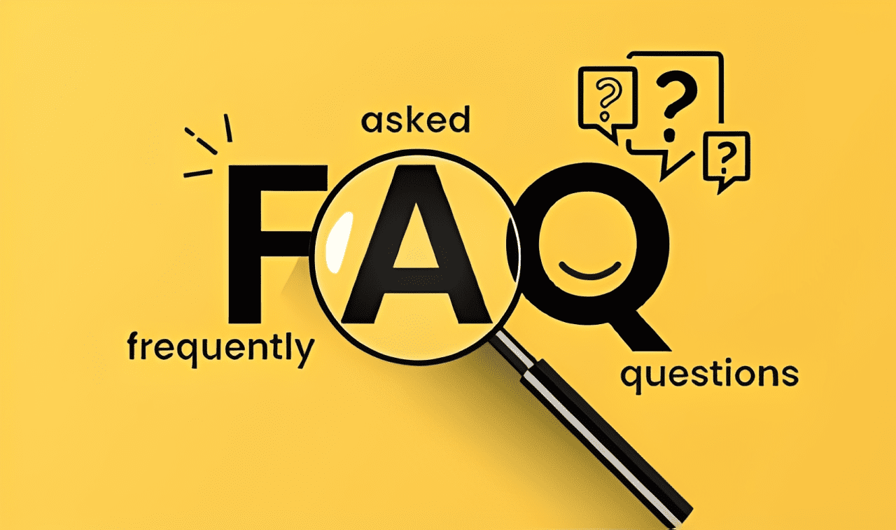 Magnifying glass highlighting 'FAQ' on a yellow background with question marks.