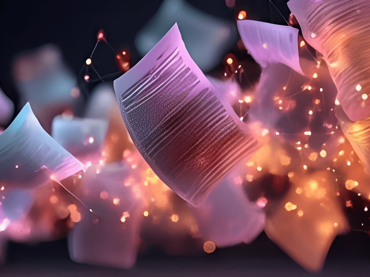 Glowing sheets of paper swirling in a magical ambiance.