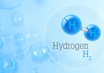 Illustration of hydrogen atoms with chemical symbol H2 in blue bubbles.